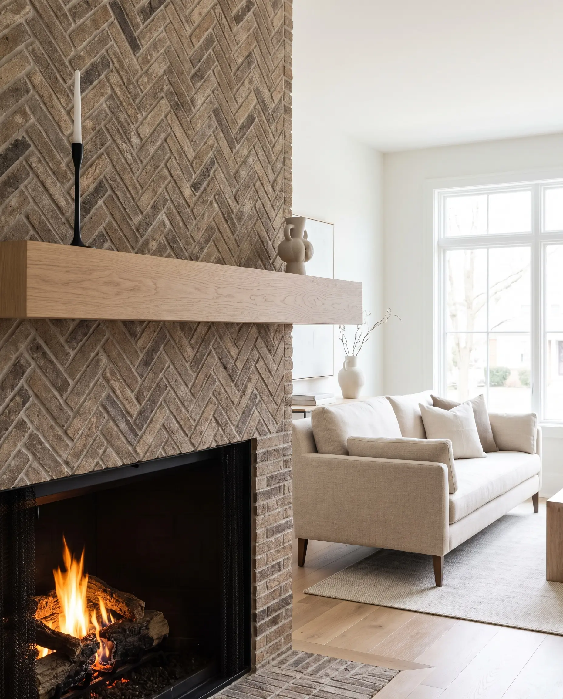 A chunky solid white oak floating mantel anchors an intricate masonry surround and displays a sleek black candlestick beside a tailored linen sofa.