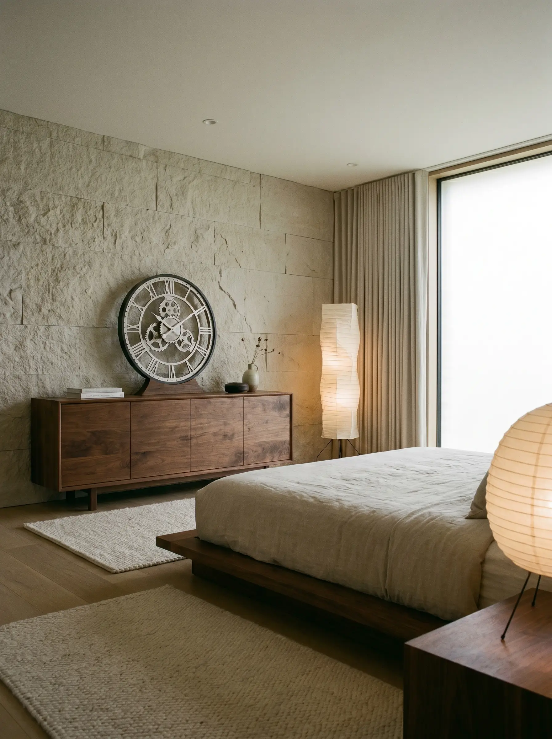 A beautifully crafted solid wood cabinetry credenza topped with an elegant analog mechanical clock conceals all technology to maintain a quiet, disconnected modern bedroom environment.