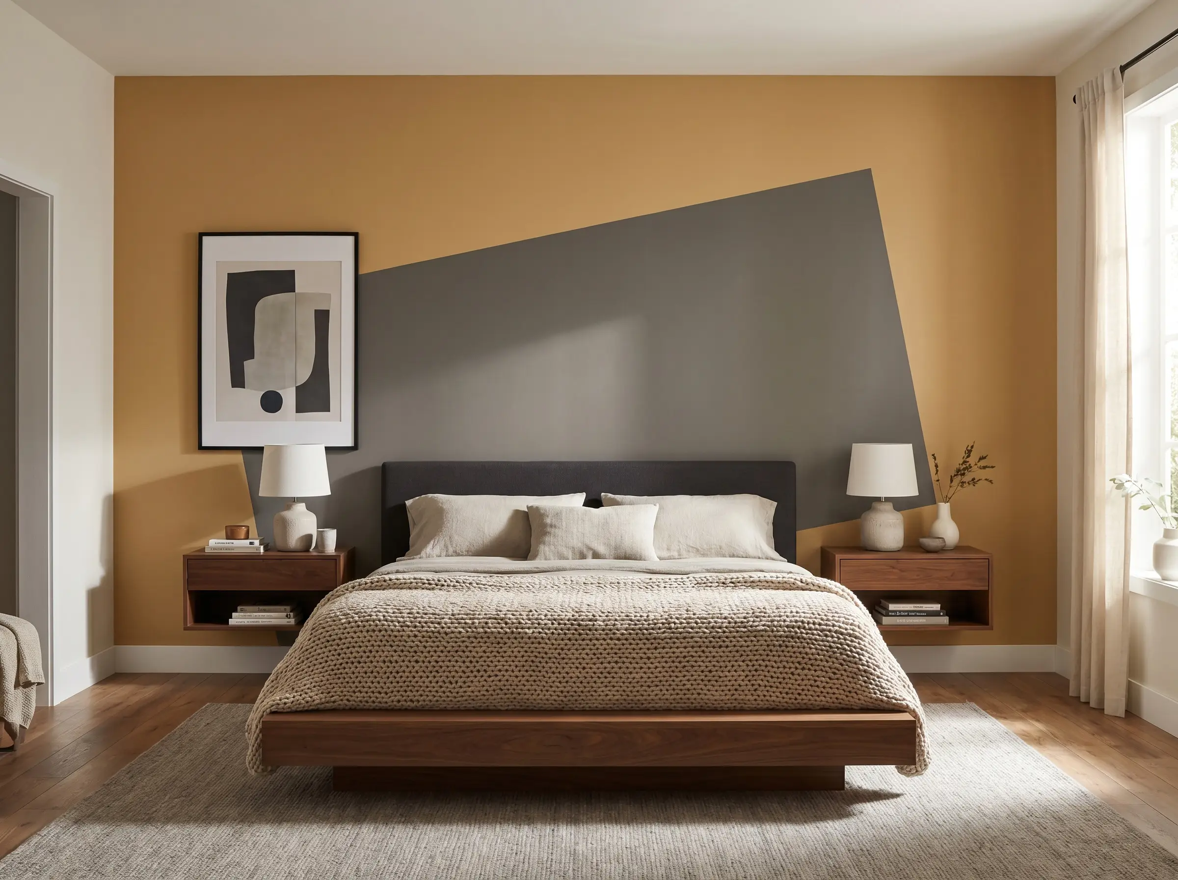 A massive asymmetrical charcoal gray rectangular painted shape creates spatial color blocking behind a sleek platform bed against a muted mustard base wall.