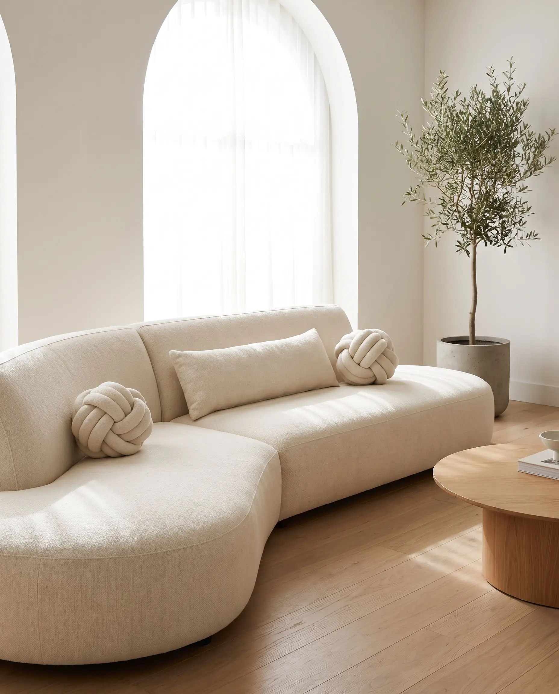 Two spherical knot pillows and one elongated lumbar support in heavyweight linen rest on the sweeping architectural silhouette of a monolithic curved sofa.