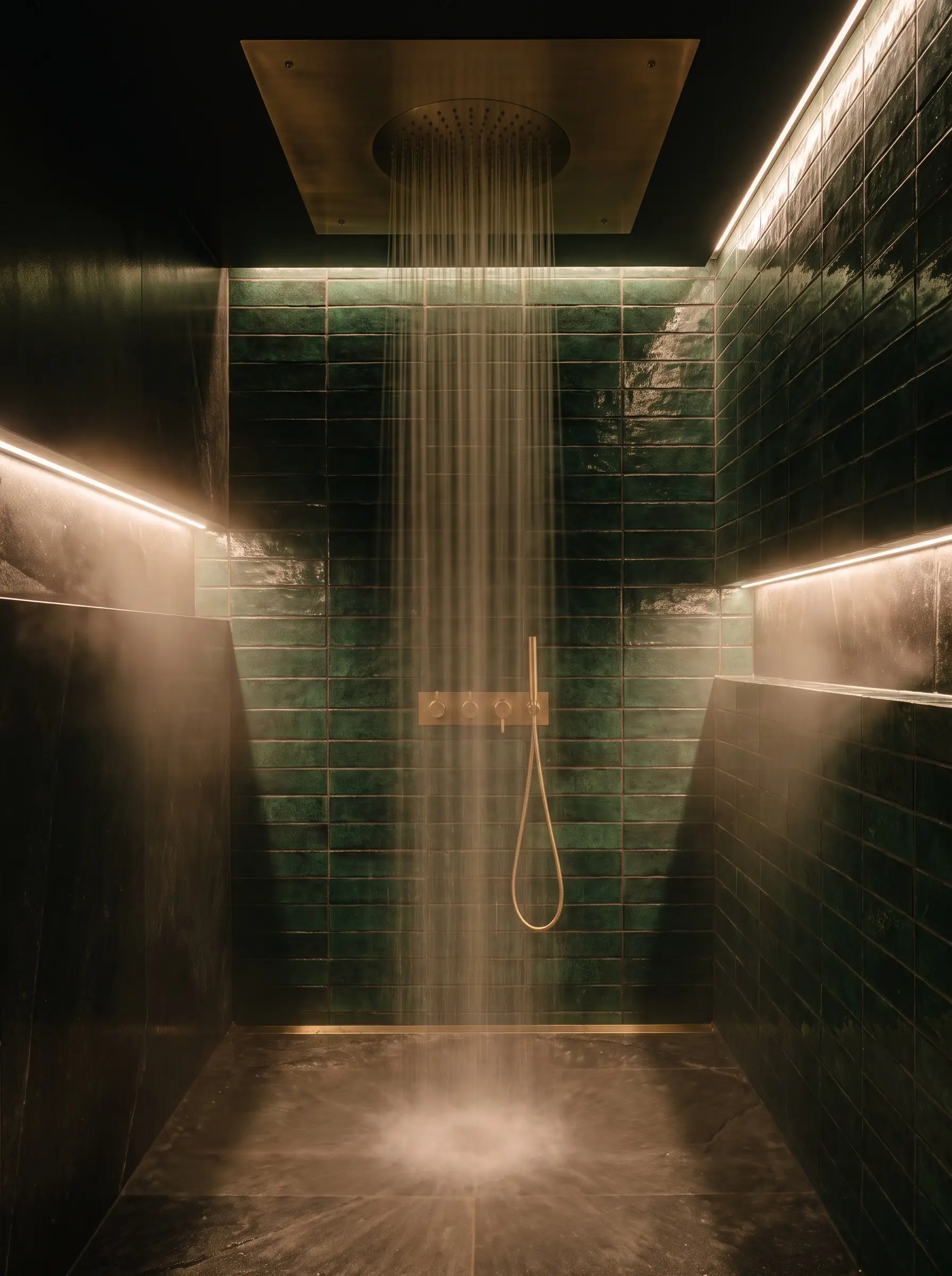 A massive 16-inch brass ceiling-mounted rain showerhead sits flush with the ceiling of a bespoke doorless walk-in shower surrounded by dark green artisanal wall tiles.