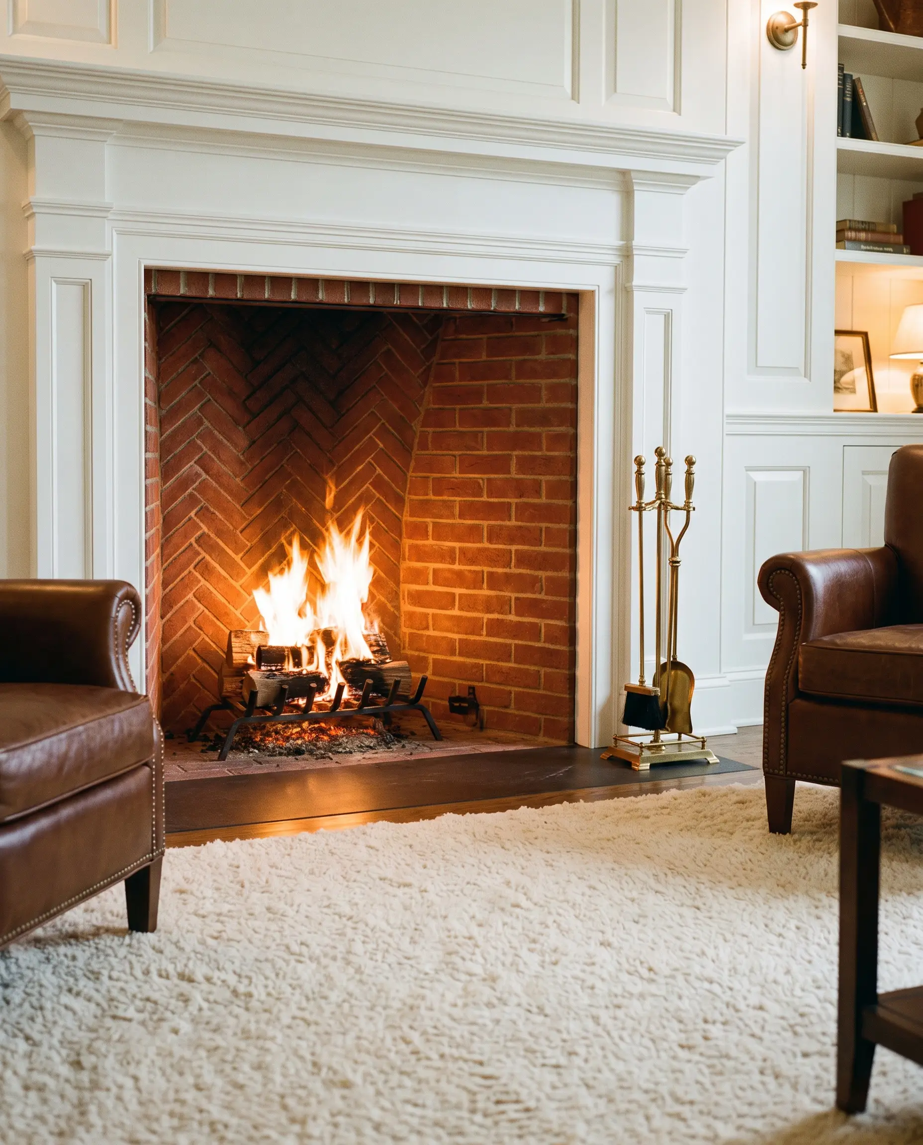 An interior firebox features a back wall of red refractory brick and running bond side panels framed by classic white millwork and a brass tool set.