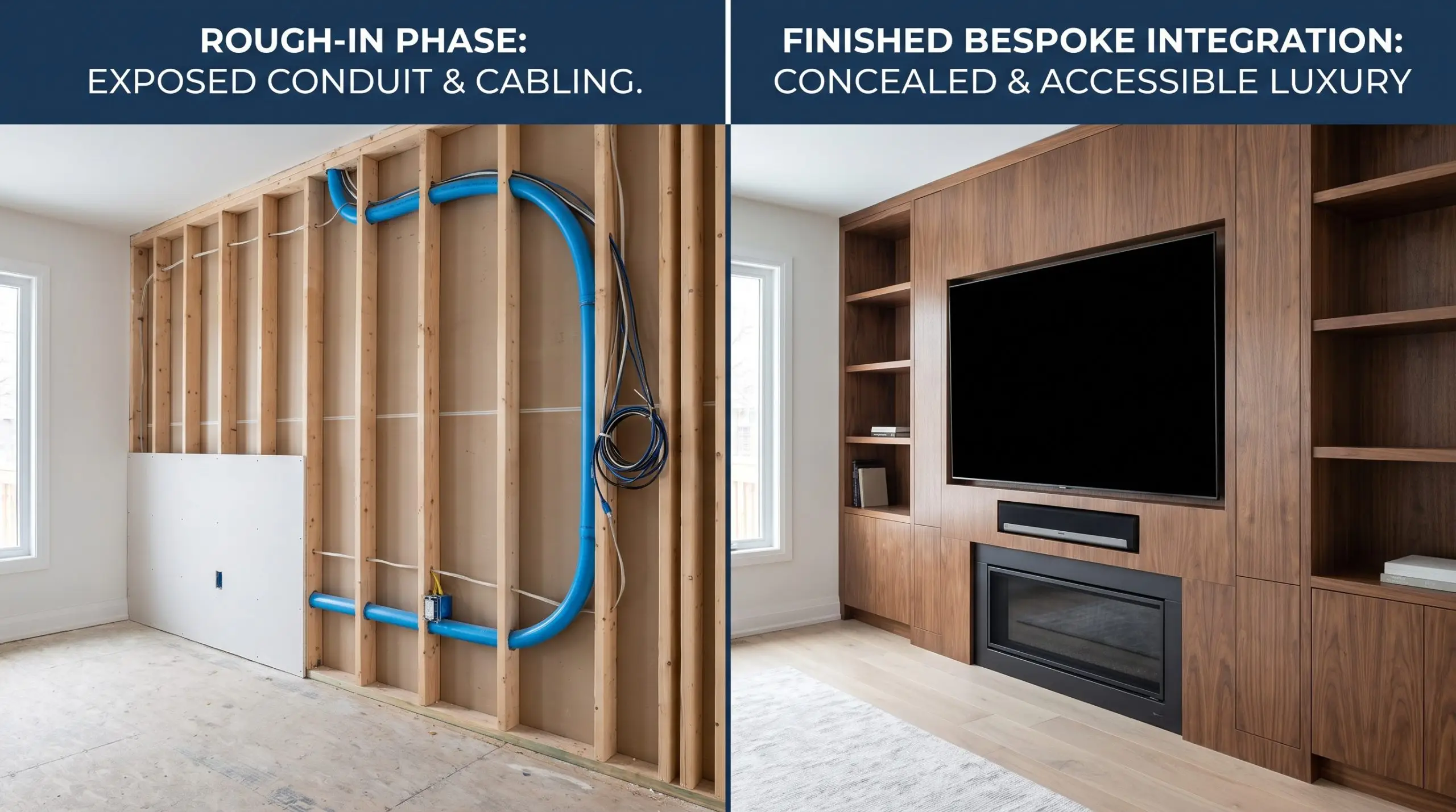 A split-screen architectural graphic compares the rough-in framing phase exposing a PVC smurf tube routing cables against a finished bespoke cabinetry media wall with zero exposed wires.