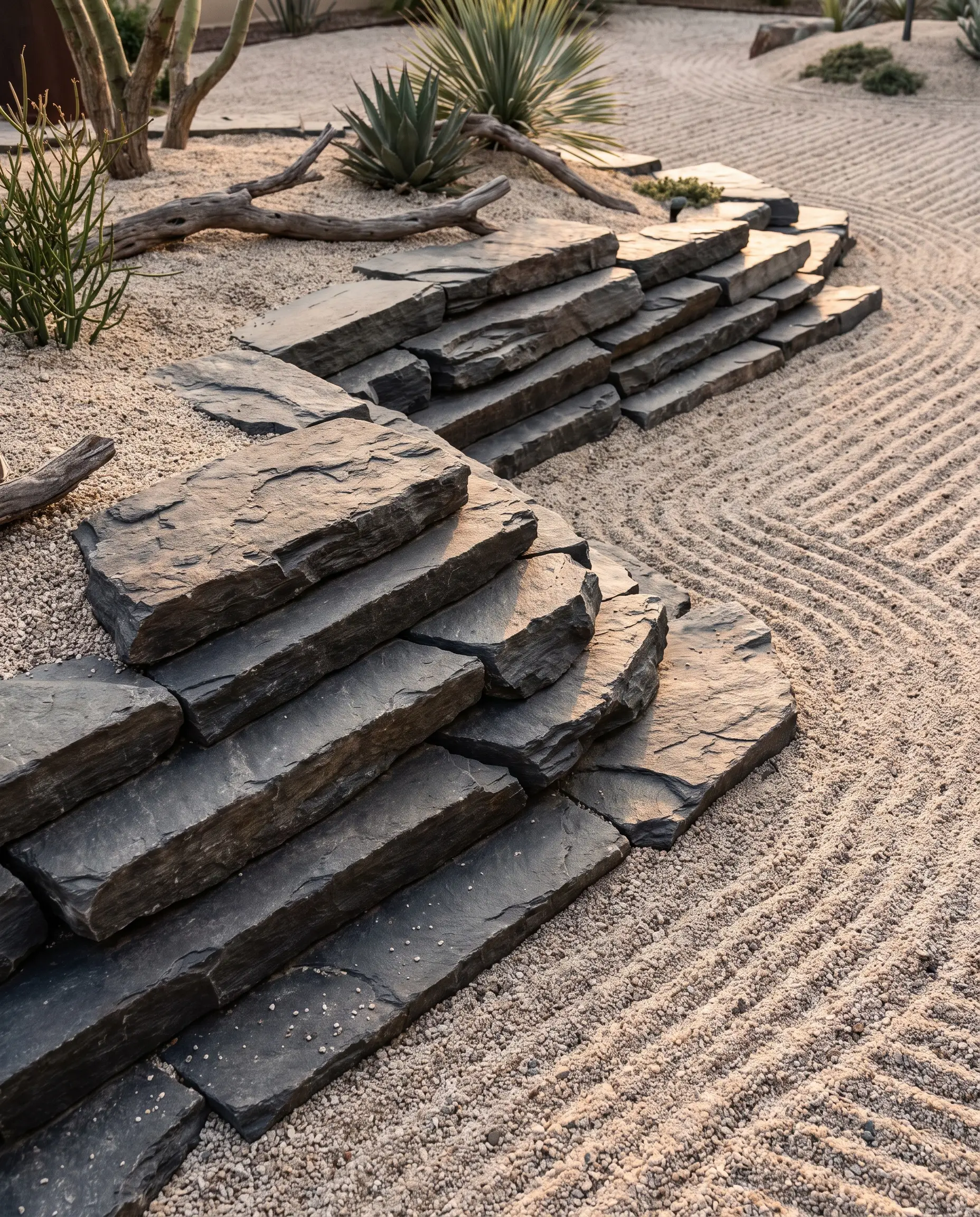 Horizontal planes of natural cleft slate slabs form a low-profile tiered topography resting within a meticulously raked dry landscape.