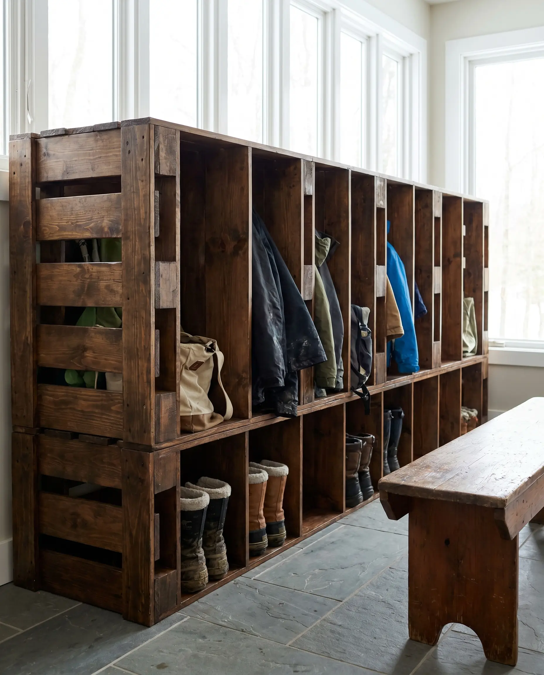 A locker-style cubby system constructed from stacked hollowed-out pallet sections protected by a matte clear coat holds winter boots and outdoor gear bags.