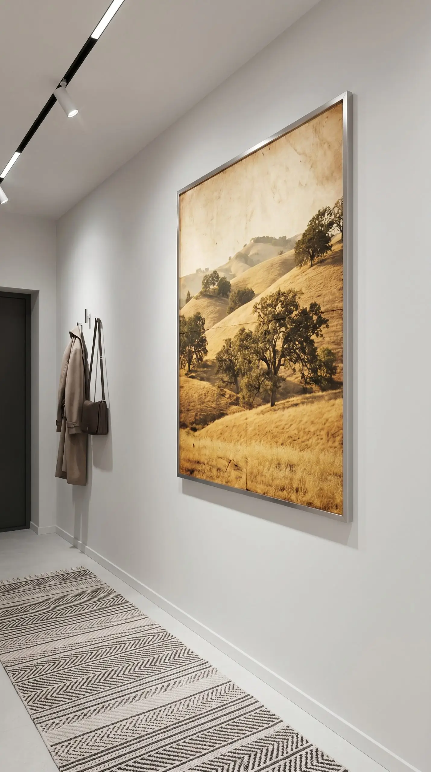 An aged vintage landscape poster in a thin brushed stainless steel frame hangs on a Pure White wall above a geometric runner rug.