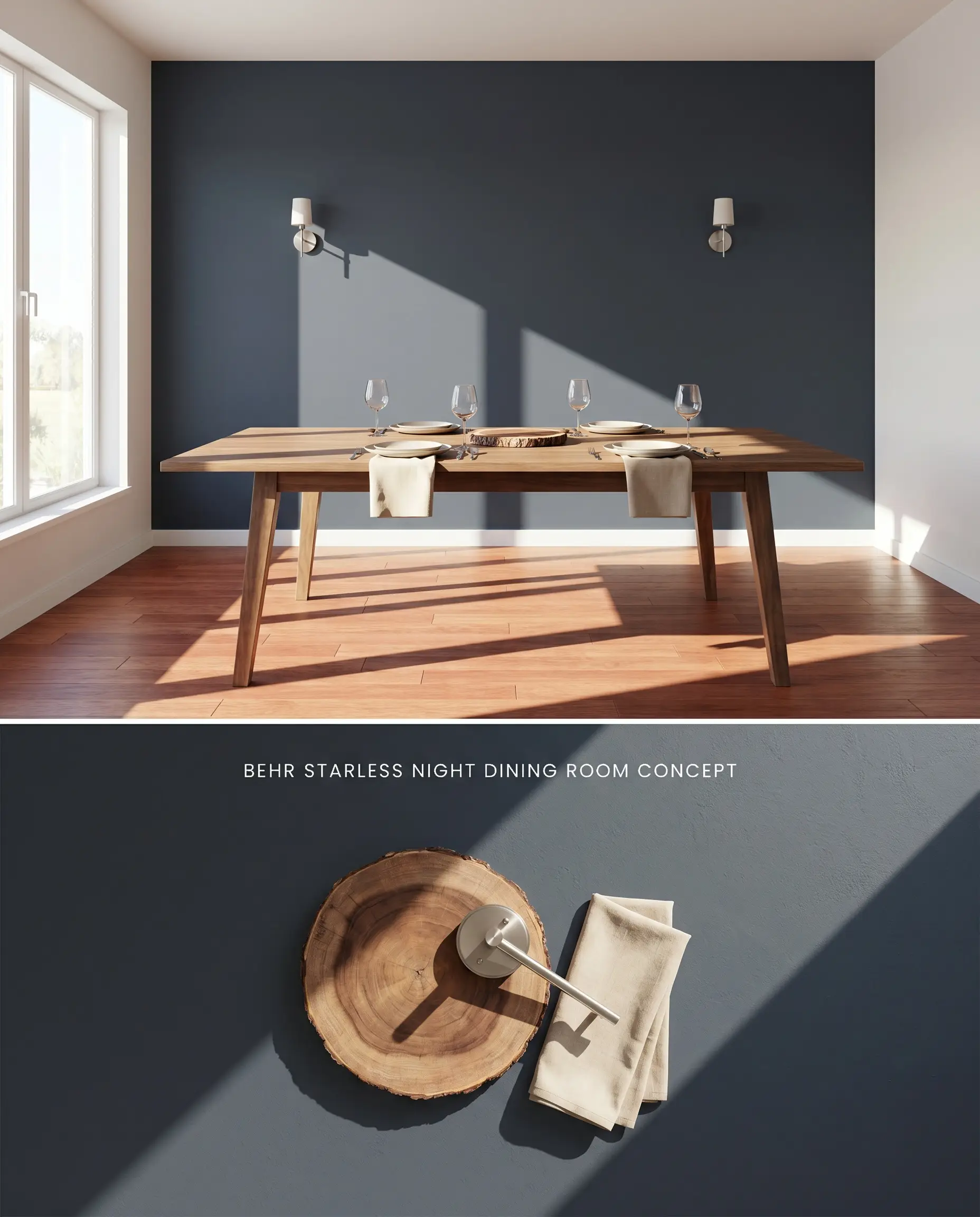 An 80/20 split conceptual board showing a dining room accent wall painted in Behr Starless Night above a flat-lay of walnut wood and brushed nickel.