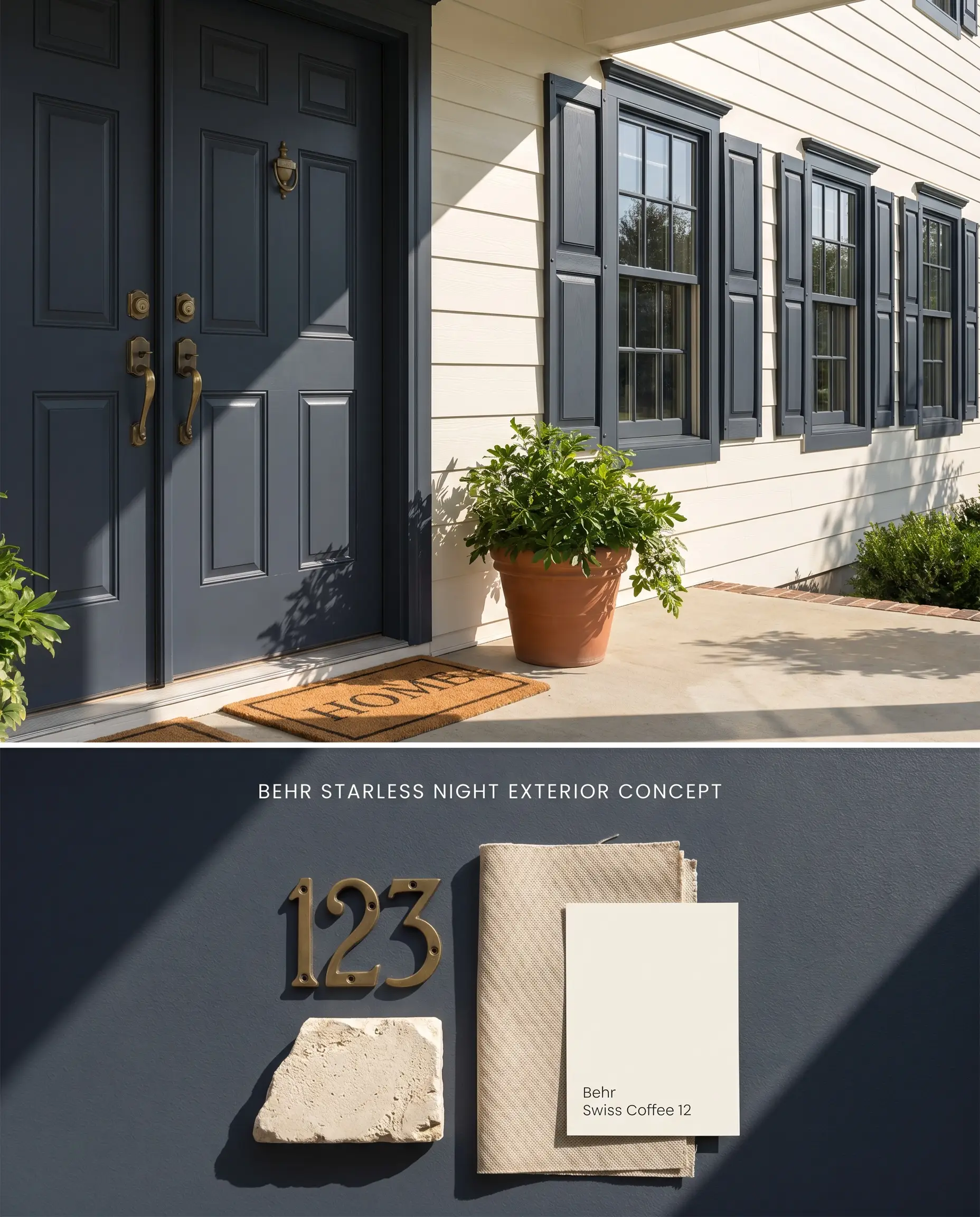 A dual-section conceptual board featuring Behr Starless Night on exterior shutters and doors against Swiss Coffee siding, above a flat-lay of pale masonry and aged brass.
