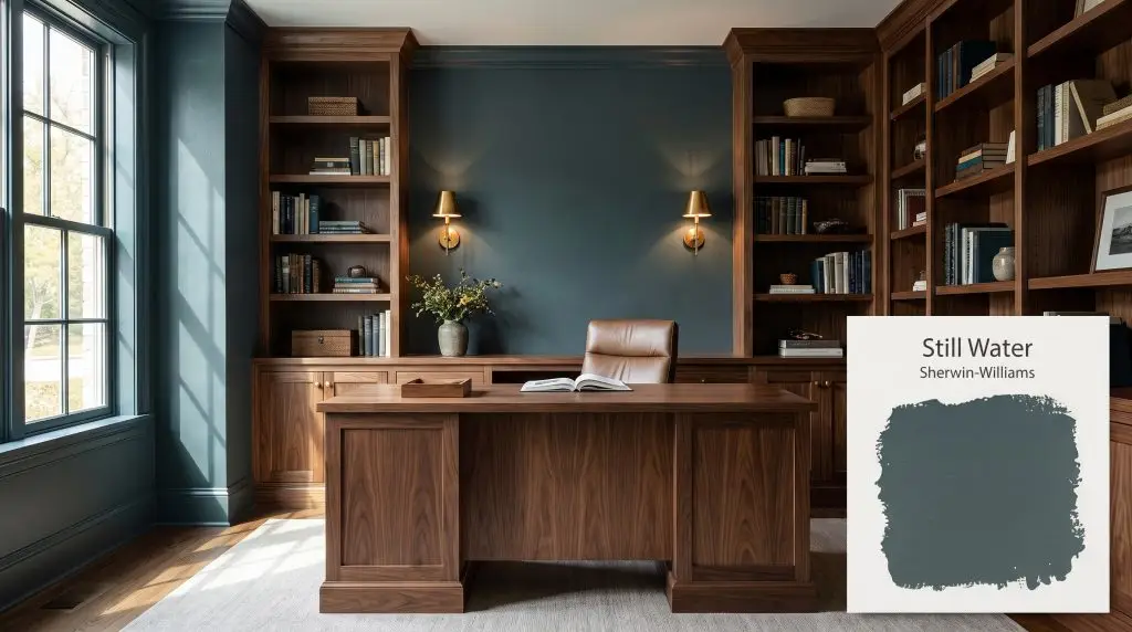 A walnut desk and built-in bookshelves sit within a moody home office painted in Sherwin-Williams SW 6223 (Hex #4A5D5F) illuminated by brass sconces.