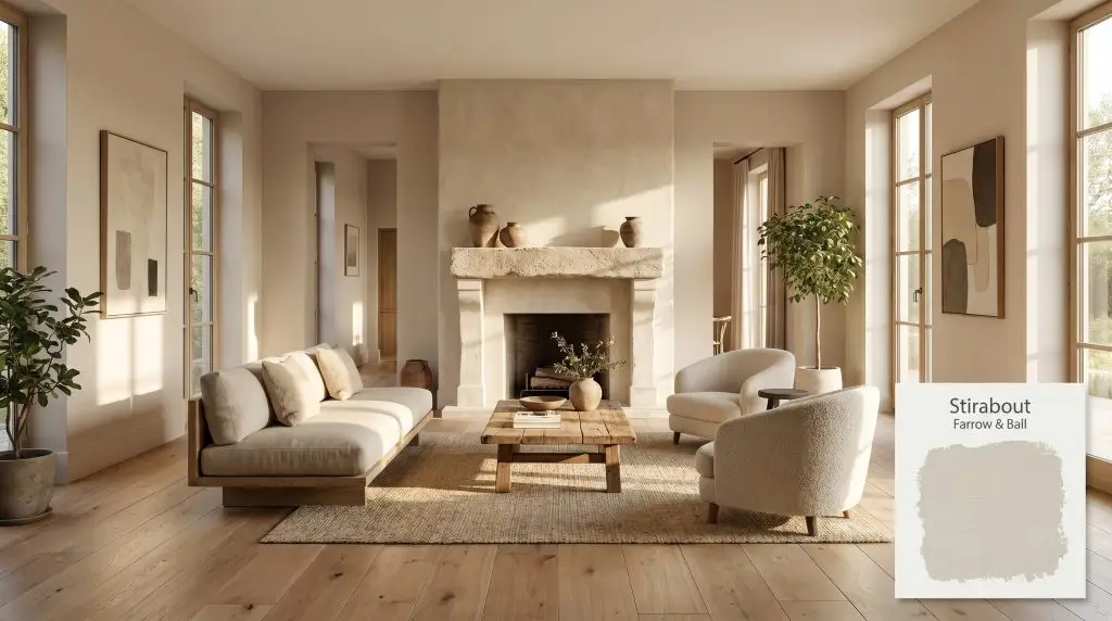A minimalist living space featuring natural oak flooring and a limestone fireplace against walls painted in Farrow & Ball Stirabout (Hex #d9cfc2).