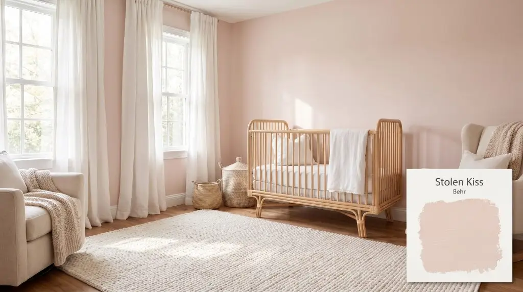 A natural rattan crib rests on a textured cream rug inside a serene nursery painted in Behr Stolen Kiss (Hex #efdcd3).