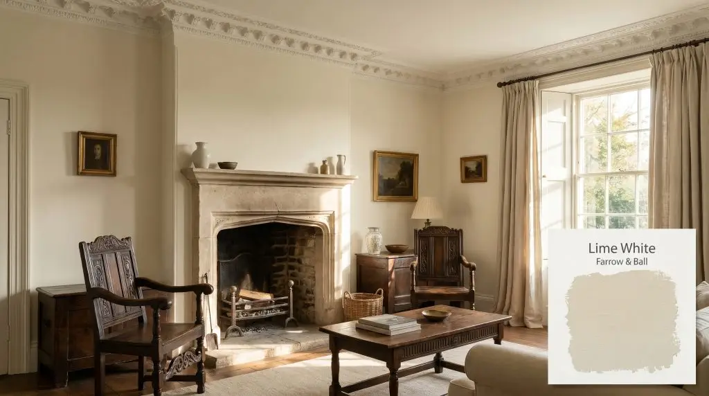 Original plaster crown molding and a stone fireplace define this traditional English living room finished in Farrow & Ball 1 (Hex #e3dcc7).