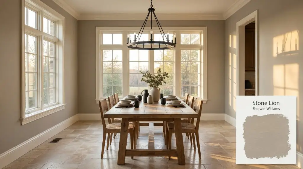 An elegant dining room featuring a rustic oak table, tumbled travertine tile, and matte black fixtures against SW 7507 (Hex #B3A491) walls.