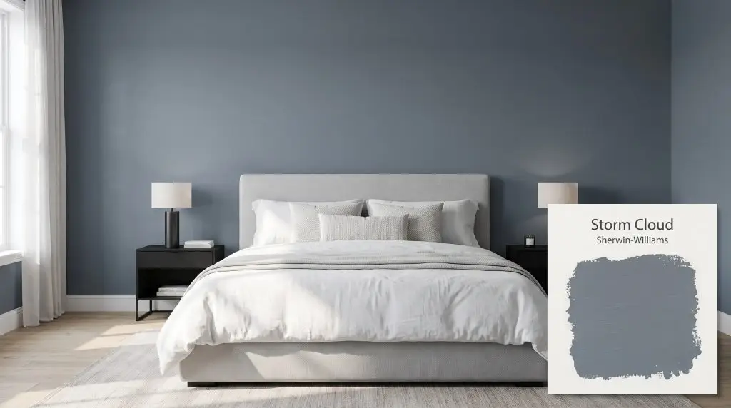 A light gray upholstered bed and matte black nightstands sit against a deep blue-gray Sherwin-Williams SW 6249 accent wall (Hex #7A848D).