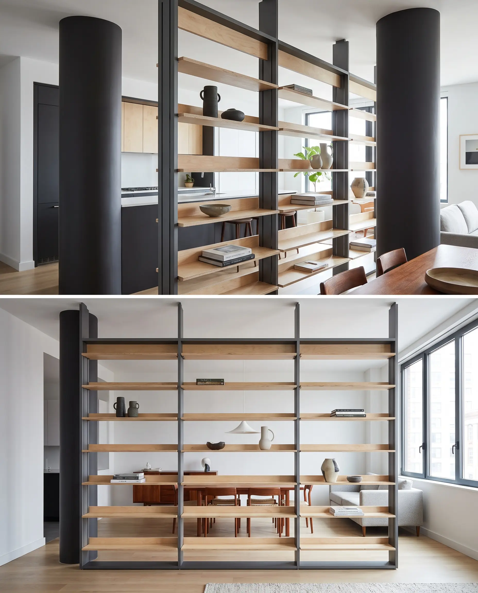 Machined aluminum frames with horizontally slotted modular plywood planks create a utilitarian room divider displaying sculptural ceramics, separating a dining space backed by a Tricorn Black structural element.