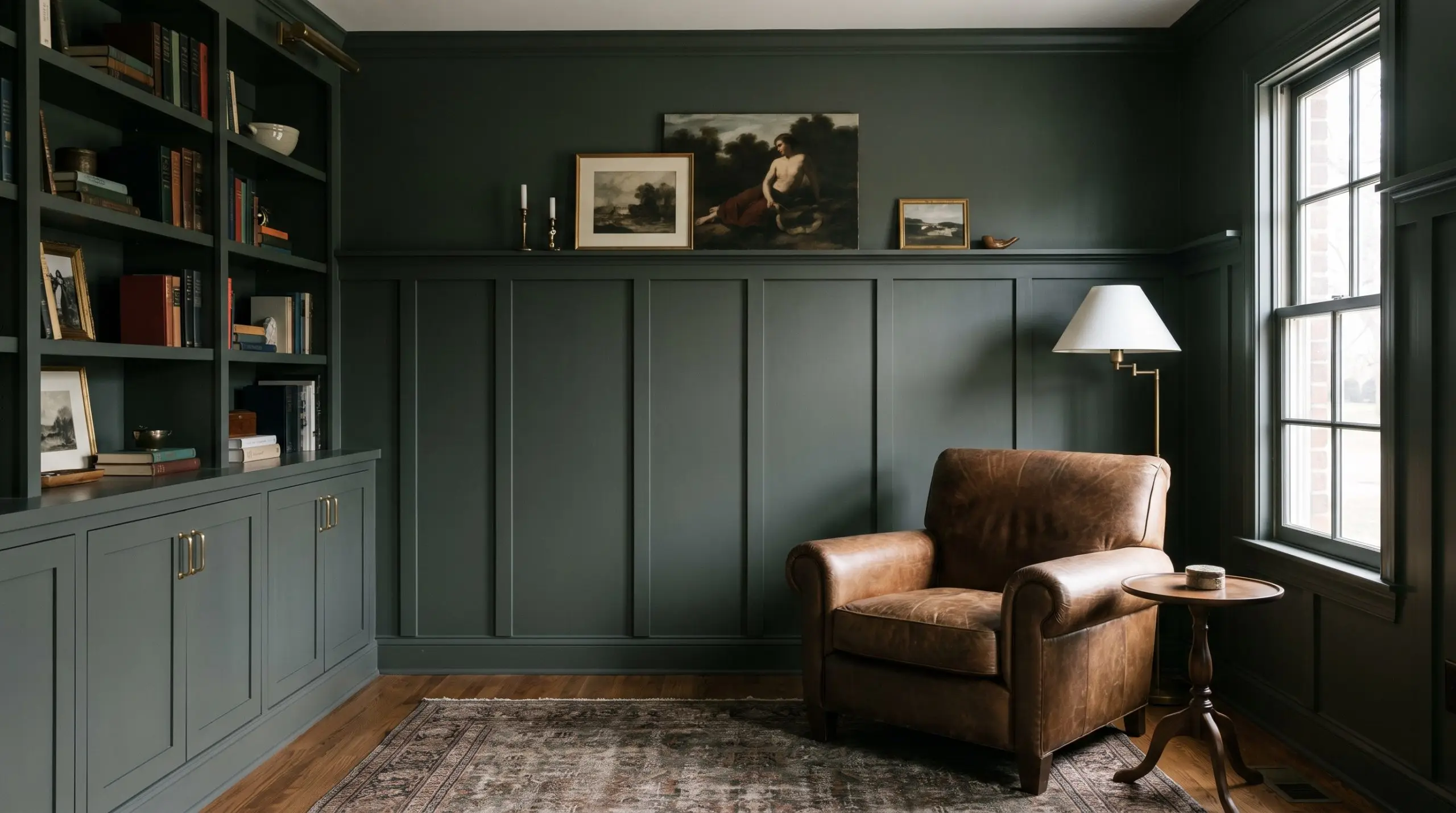 Studio green board and batten wainscoting spans a transitional library featuring a built-in cabinet with unlacquered brass hardware and a leather armchair.