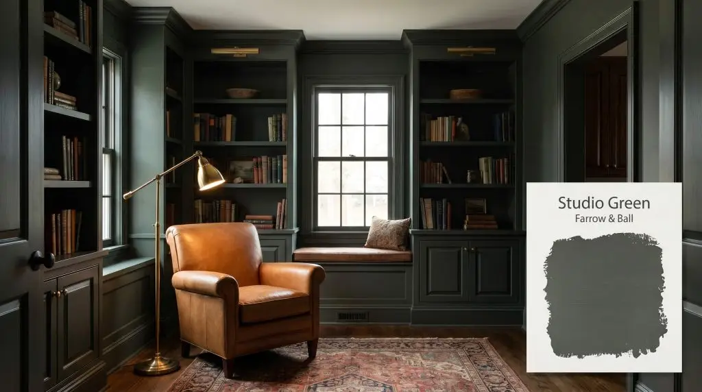 Built-in bookshelves coated in Farrow & Ball Studio Green (Hex #464d4a) surround a tan leather armchair and a brass reading lamp.