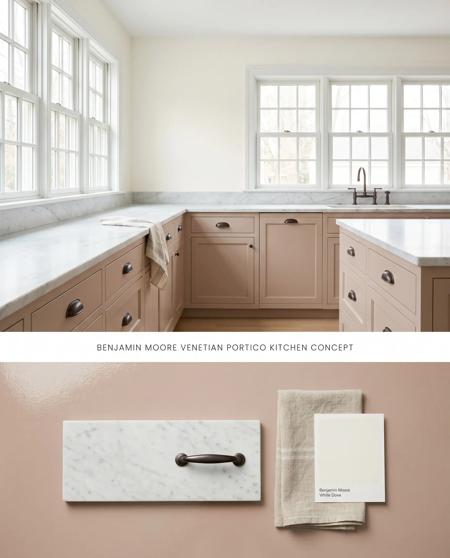 A split digital conceptual board for a light-filled kitchen with hard enamel lower cabinets, resting over a tactile flat-lay of honed Danby marble and oil-rubbed bronze pulls.