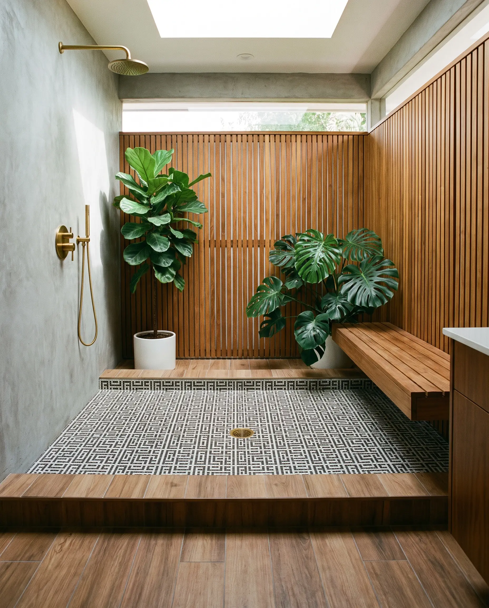 A mid-century modern wet room bathroom design features a sunken shower basin lined with high-contrast black and white mosaic tiles surrounded by warm timber-look floor tiles.