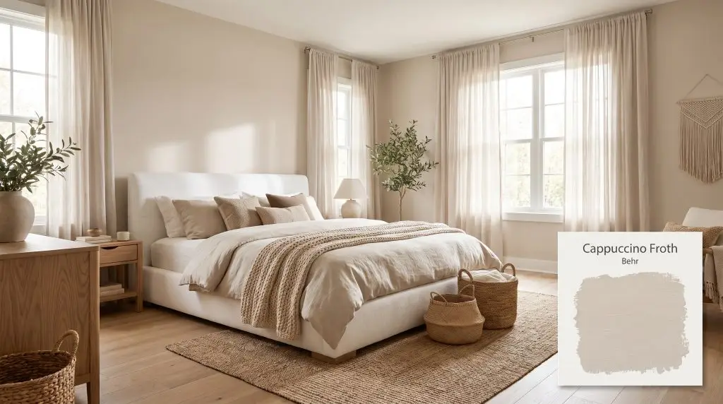 A plush white upholstered bed with natural linen bedding sits against sunlit walls coated in Behr Cappuccino Froth (Hex #d1c7bb).