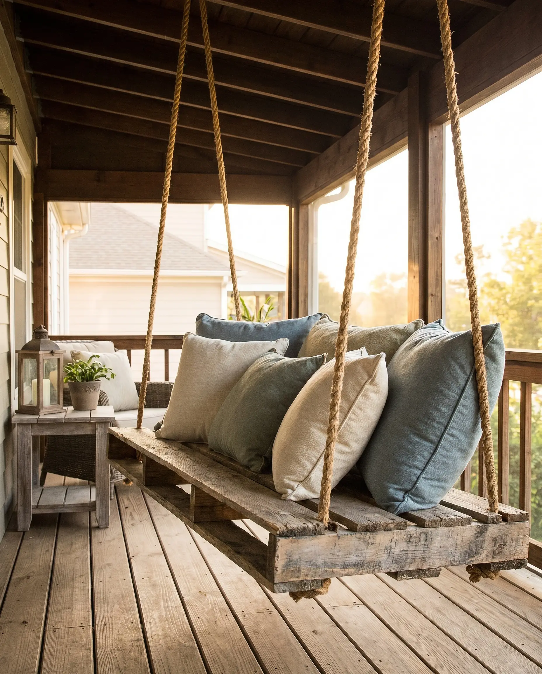 A suspended porch swing chair crafted from a heavily sanded half-cut pallet hangs from thick manila rope above simple wooden floorboards.
