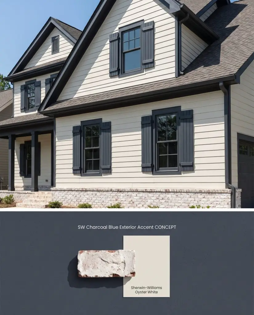 A composite conceptual board displaying deep charcoal-navy exterior shutters on top and a flat-lay of whitewashed brick below.