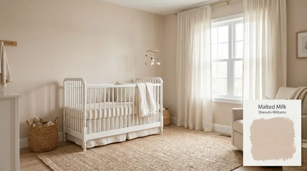 Soft diffused natural light filters through delicate linen curtains onto a white spindle crib and Sherwin-Williams Malted Milk (Hex #DECABD) walls.