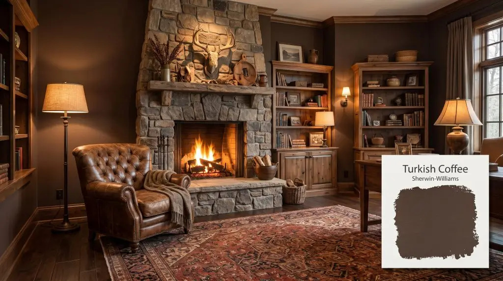A tufted leather armchair rests on a vintage Persian rug inside a rustic study featuring Sherwin-Williams Turkish Coffee walls (Hex #4D3930).