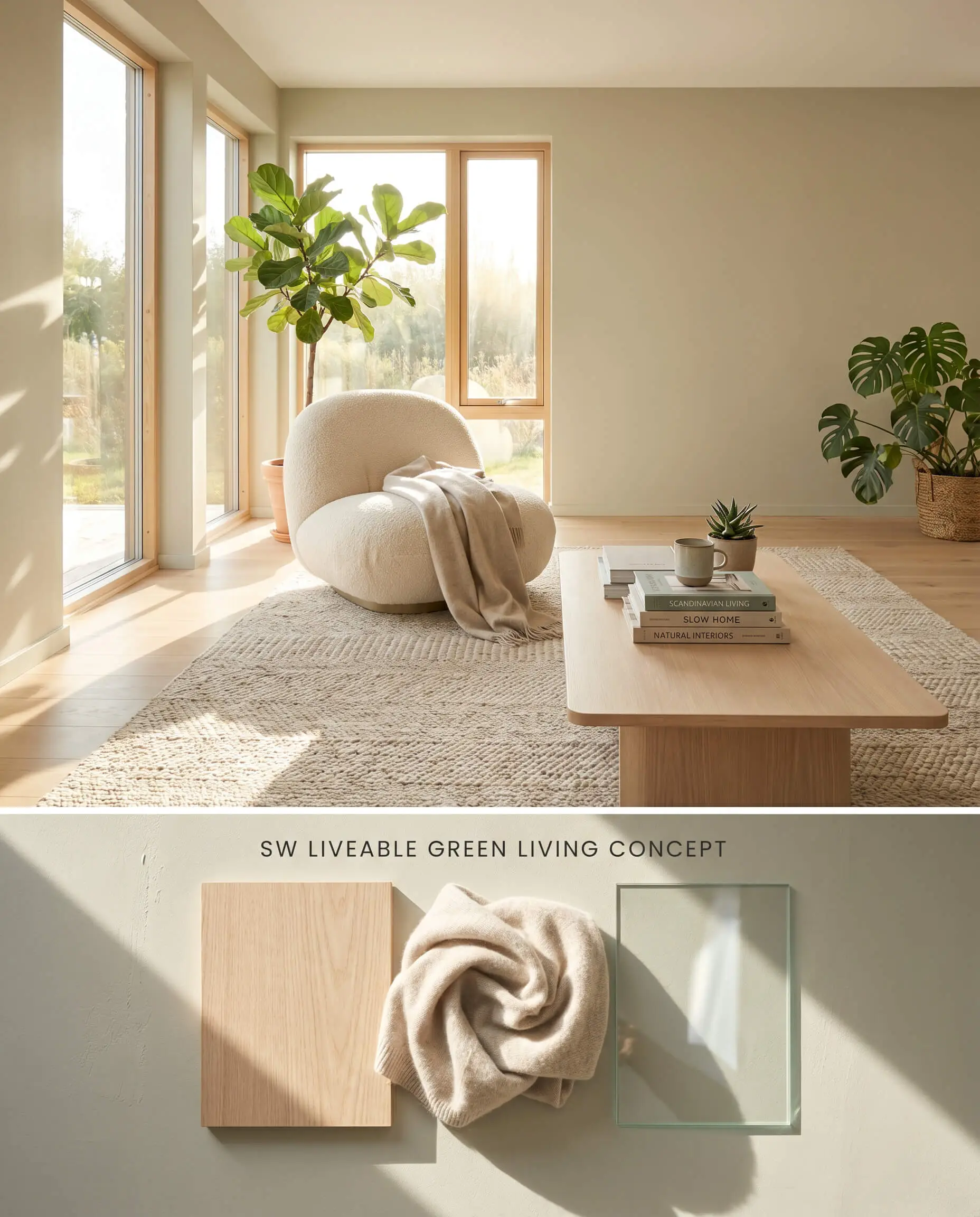 A split digital conceptual board for a Scandinavian design living room featuring muted green walls above, and light ash wood with cashmere swatches below.