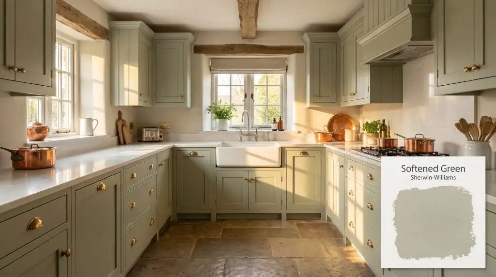 Warm afternoon sunlight hits white quartz countertops and a farmhouse sink nestled within muted sage green cabinetry painted in Softened Green (Hex #BBBCA7).