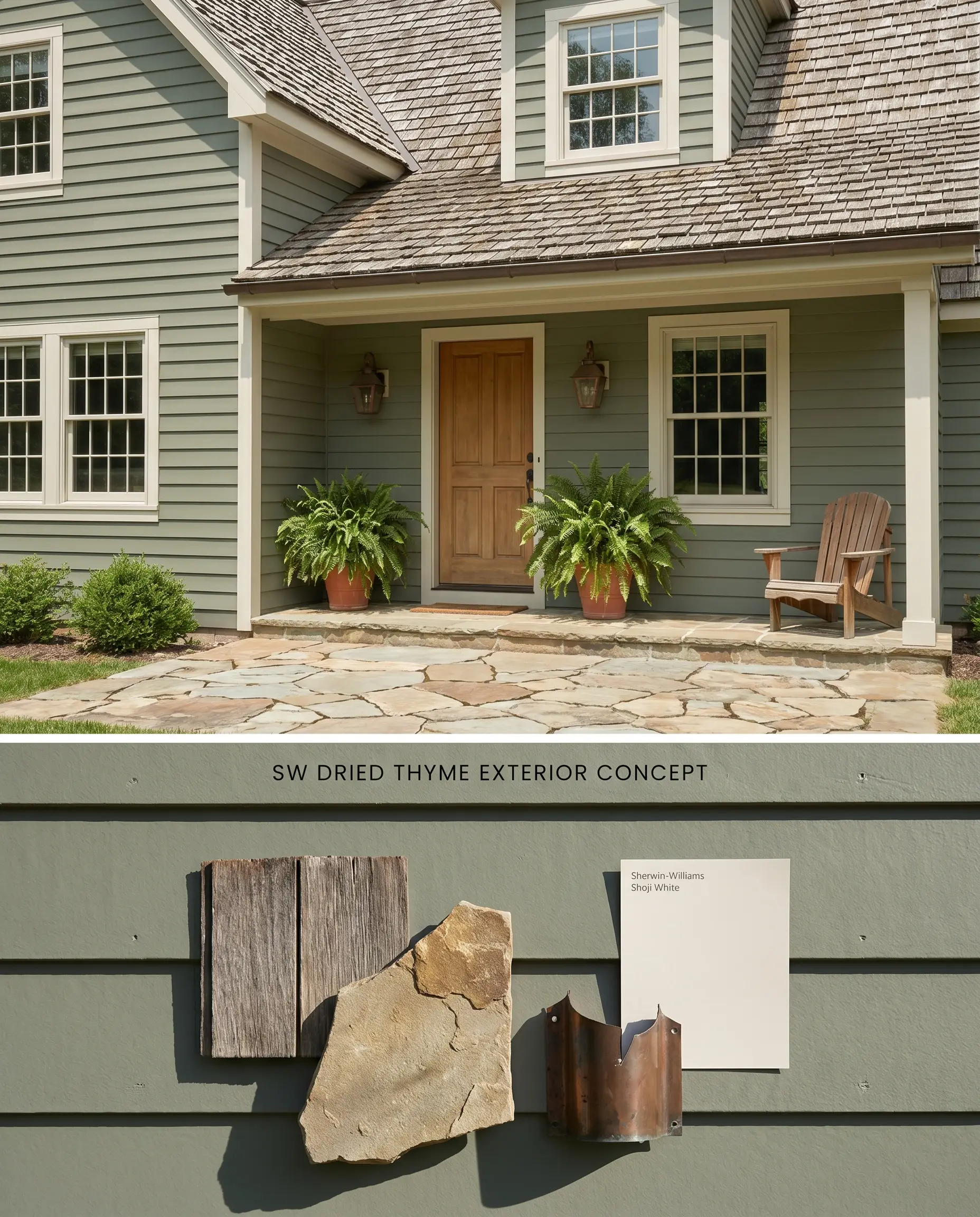 A split digital conceptual board for a home exterior featuring muted green wood lap siding on top and a physical flat-lay of cedar shake and flagstone below.