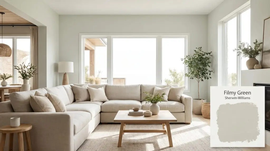 Large windows illuminate a linen sectional sofa and light wood coffee table in a bright living room painted SW 6190 (Hex #D1D3C7).