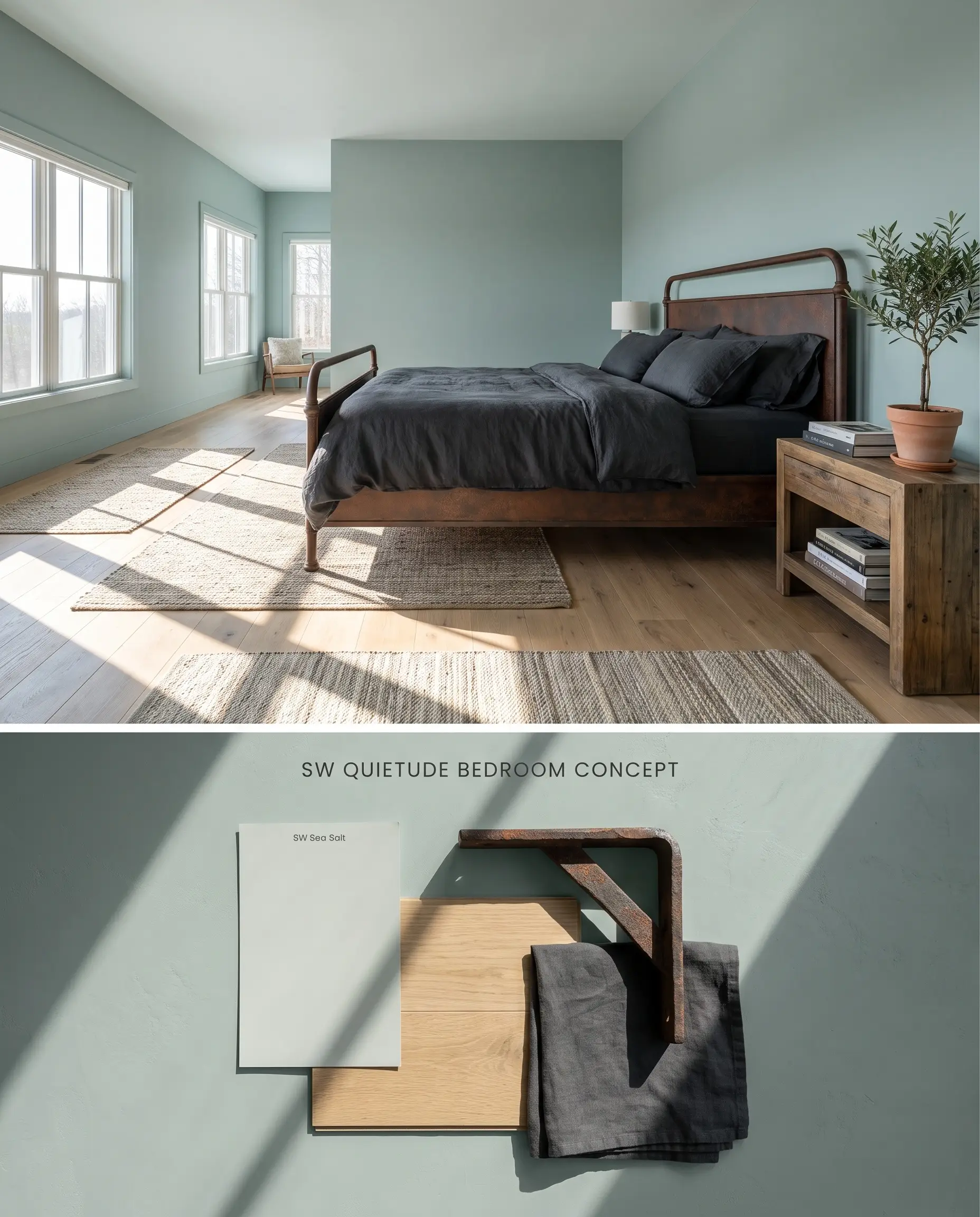 A split digital conceptual board for a primary bedroom showcasing SW 6212 walls above a textured flat-lay containing white oak, oxidized iron, and a SW Sea Salt swatch.