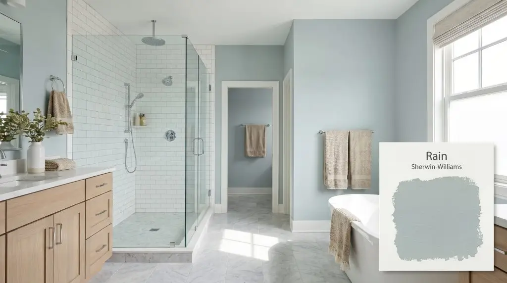 Bright natural light reflects off a glass walk-in shower, white subway tile, and Sherwin-Williams Rain (Hex #ABBEBF) bathroom walls.