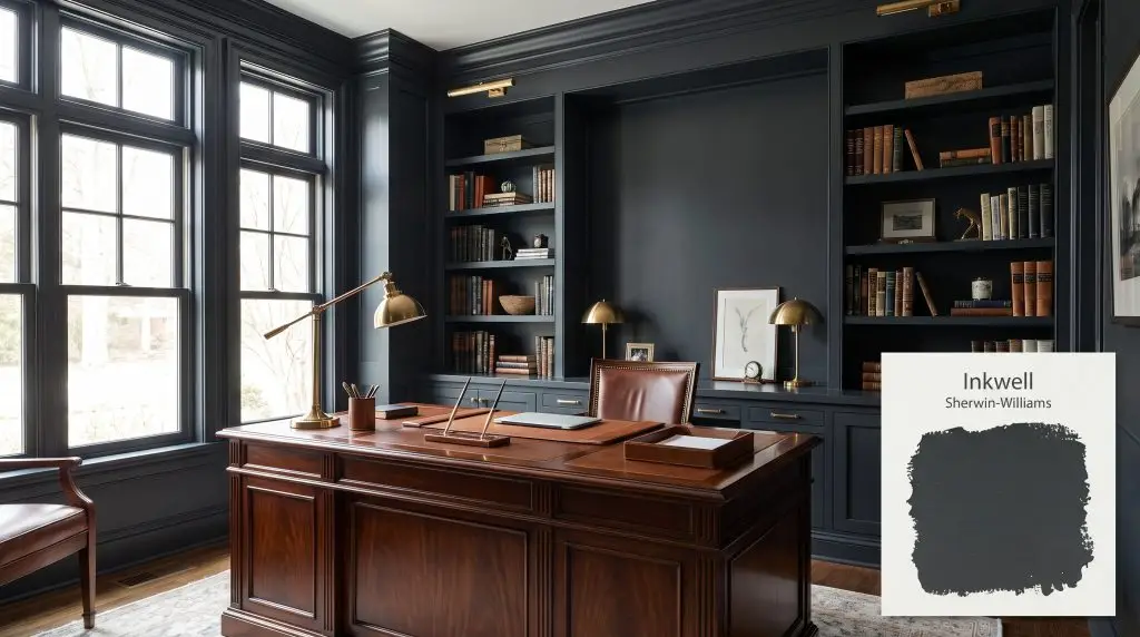 Built-in bookshelves surround a rich mahogany desk in a sophisticated home office painted in dark Sherwin-Williams Inkwell (Hex #31363A).
