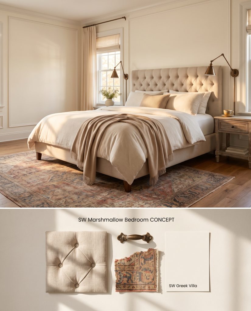 Digital layout for a romantic bedroom showing soft off-white walls, anchored by a bottom section containing a vintage Persian rug and tufted linen.