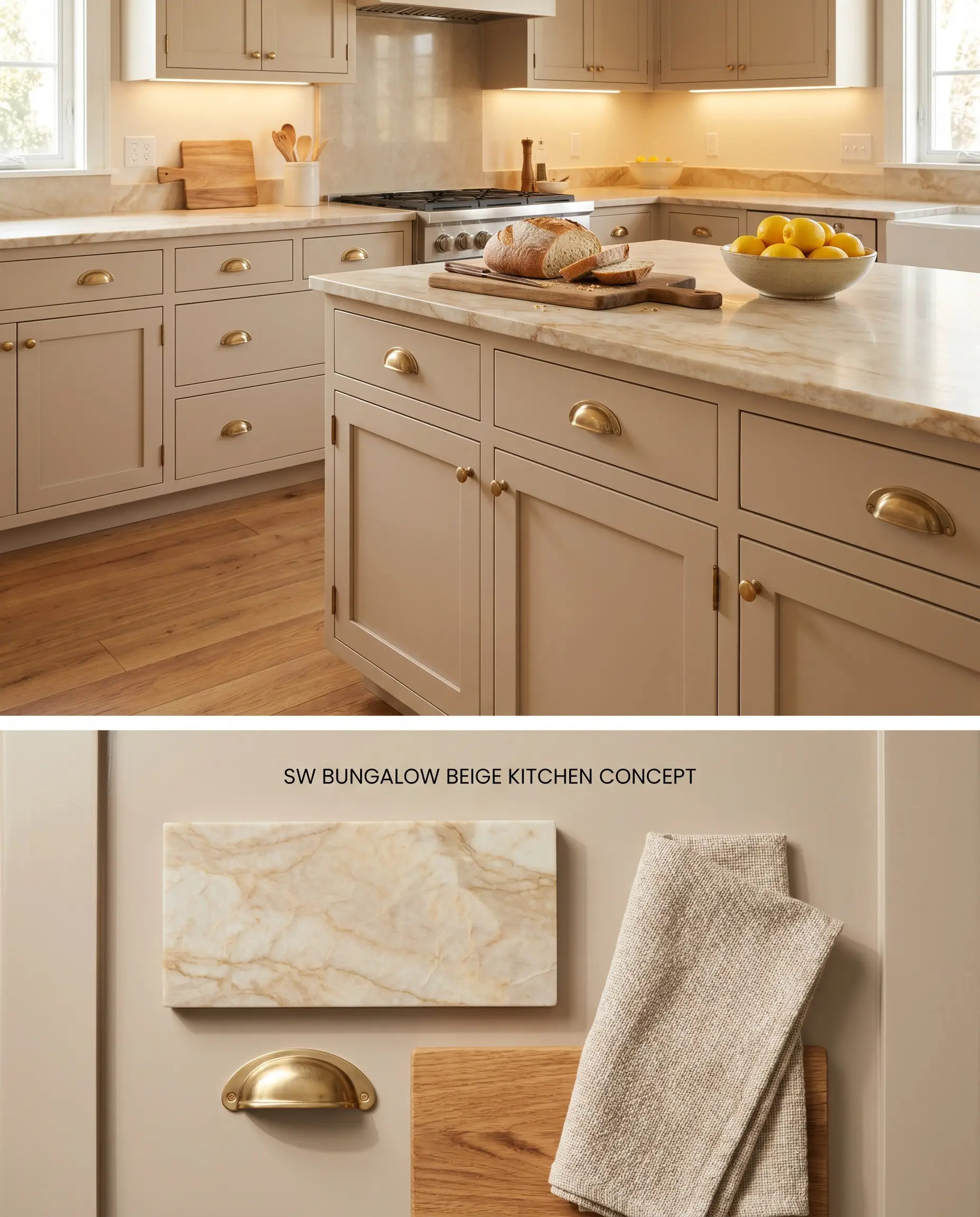 A split digital conceptual board featuring kitchen cabinetry painted in Bungalow Beige SW 7511, above a physical flat-lay of Taj Mahal Quartzite and unlacquered brass hardware.
