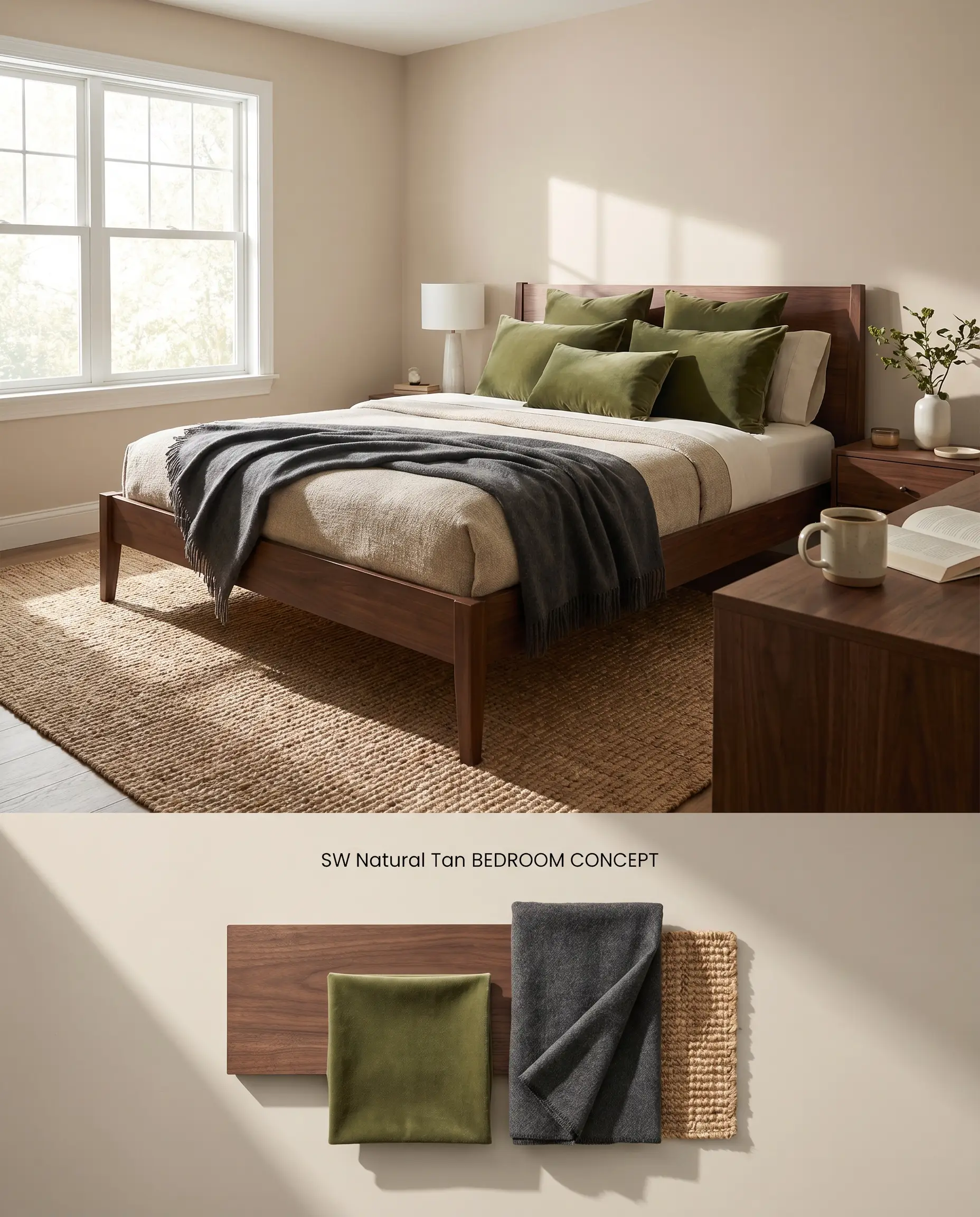A split digital conceptual board showcasing a cozy bedroom with green-gray undertone walls and a dark walnut bed frame on top, complemented by a textured paint palette and olive green velvet below.