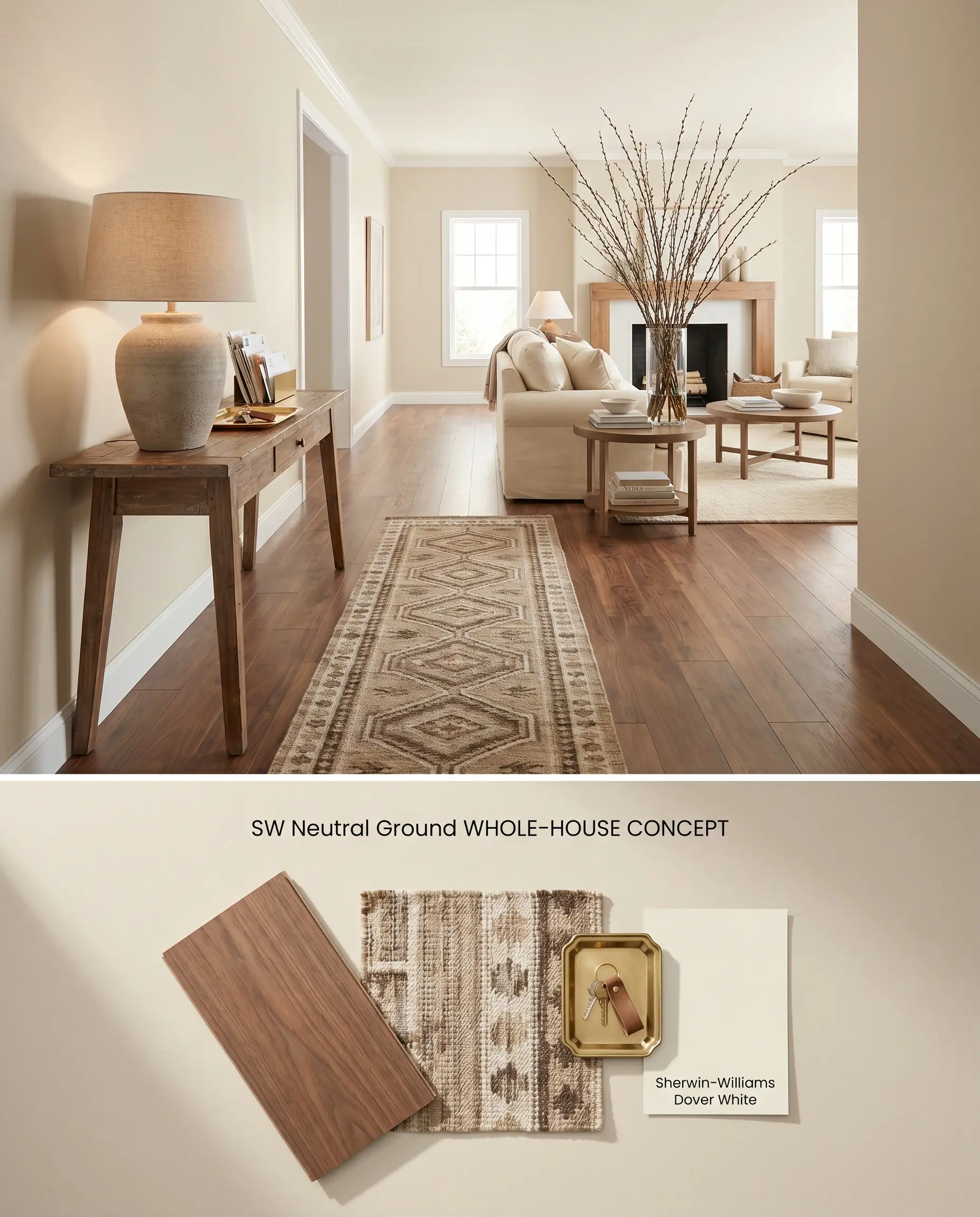 A split digital conceptual board showcasing a greige open-concept hallway above, and a scuff-resistant matte flat-lay with walnut wood planks below.