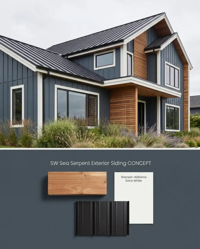 A composite conceptual board displaying deep navy modern exterior siding on top and a flat-lay of cedar and black metal below.