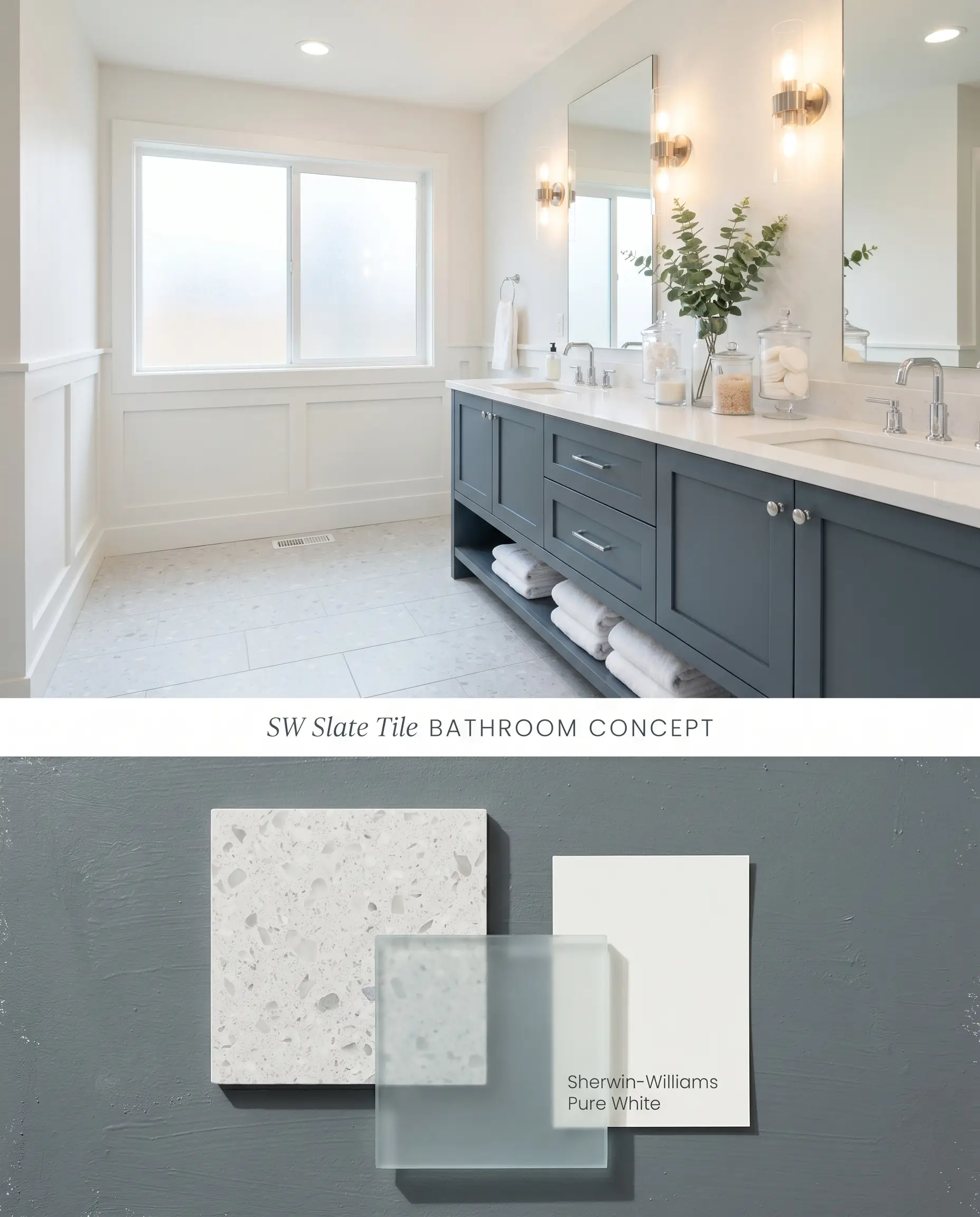 A split digital conceptual board for a bathroom featuring a floating vanity painted in SW 7624 on top, and physical materials including pale gray terrazzo tiles on the textured bottom.