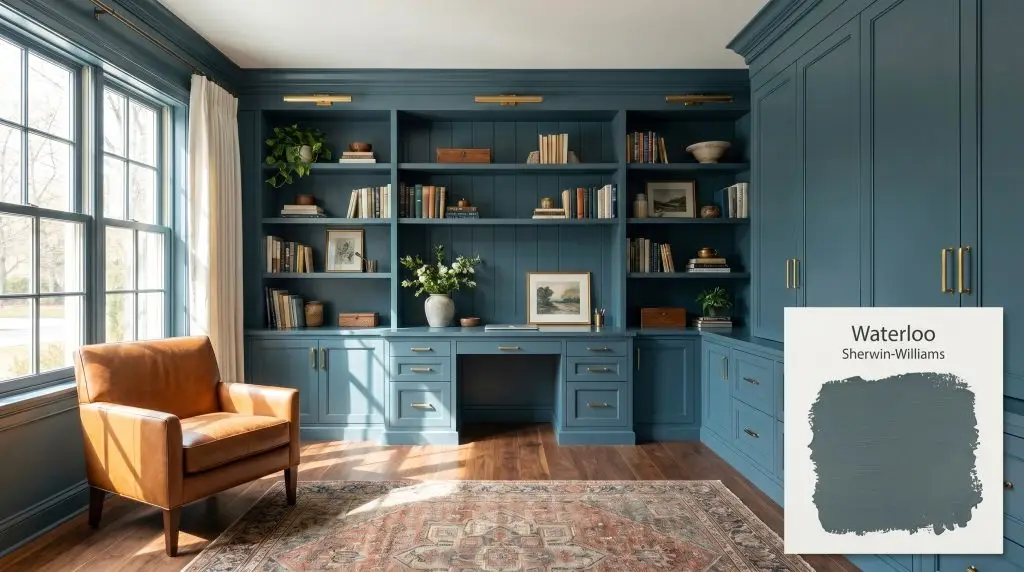 Built-in cabinetry painted in Sherwin-Williams Waterloo (Hex #536872) anchors this sunlit home office, featuring warm walnut flooring and brass hardware.