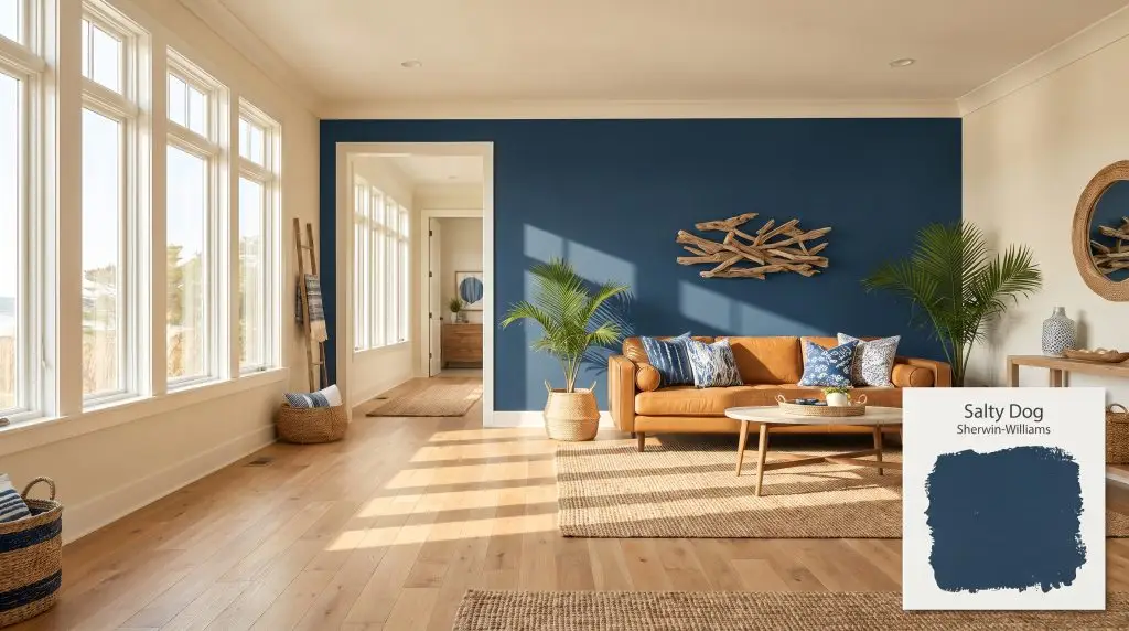 Bright sunlight illuminates natural oak hardwood floors and a tan leather sofa against a Sherwin-Williams Salty Dog accent wall (Hex #234058).