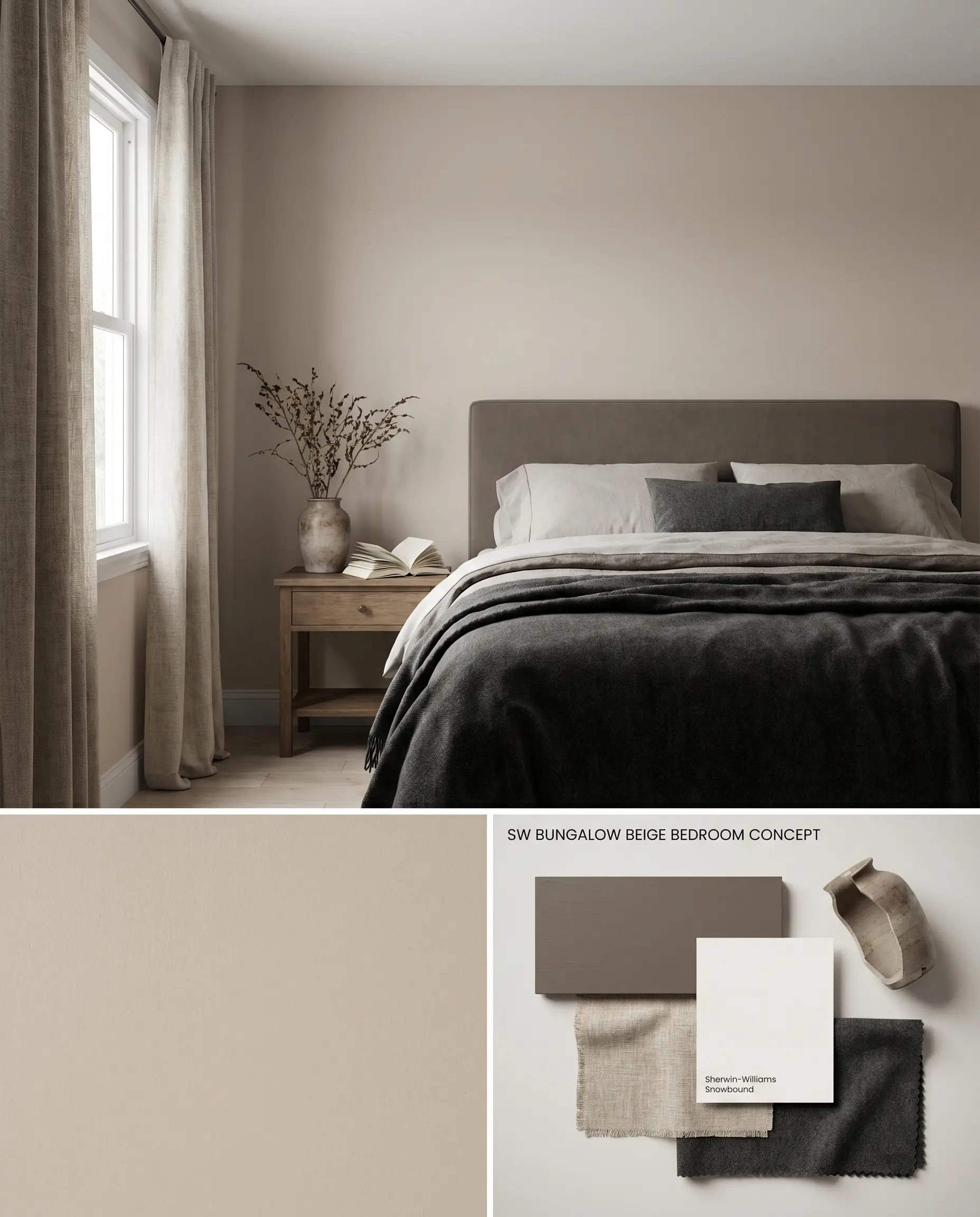 A split digital conceptual board featuring a Sherwin-Williams Bungalow Beige bedroom above, with a physical flat-lay of oatmeal linen, charcoal wool, and taupe wood below.