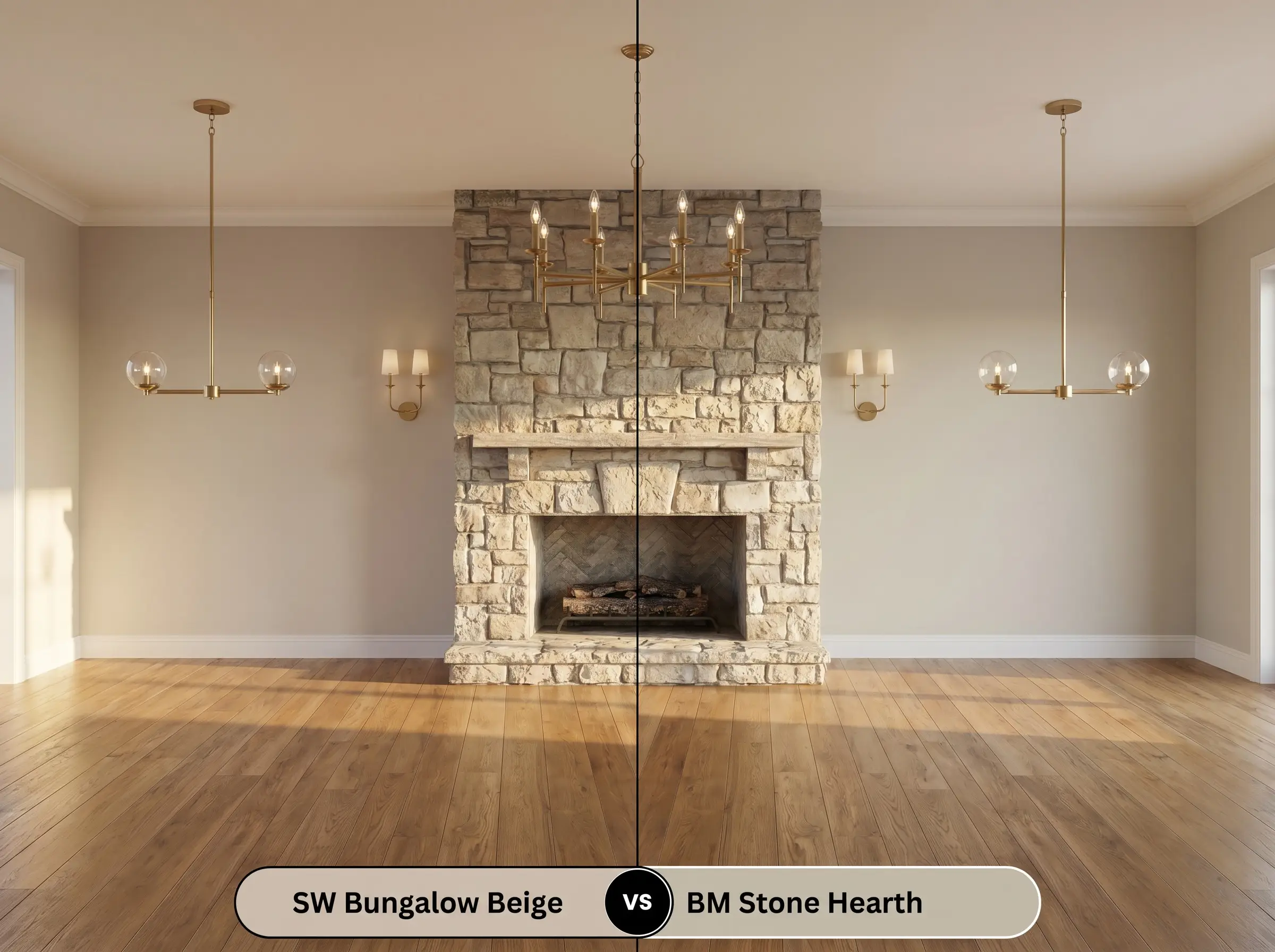 A split-screen comparison in a cozy room with a stone fireplace, displaying SW Bungalow Beige (Hex #CDBFB0) on the left and BM Stone Hearth (Hex #C4BAAA) on the right.