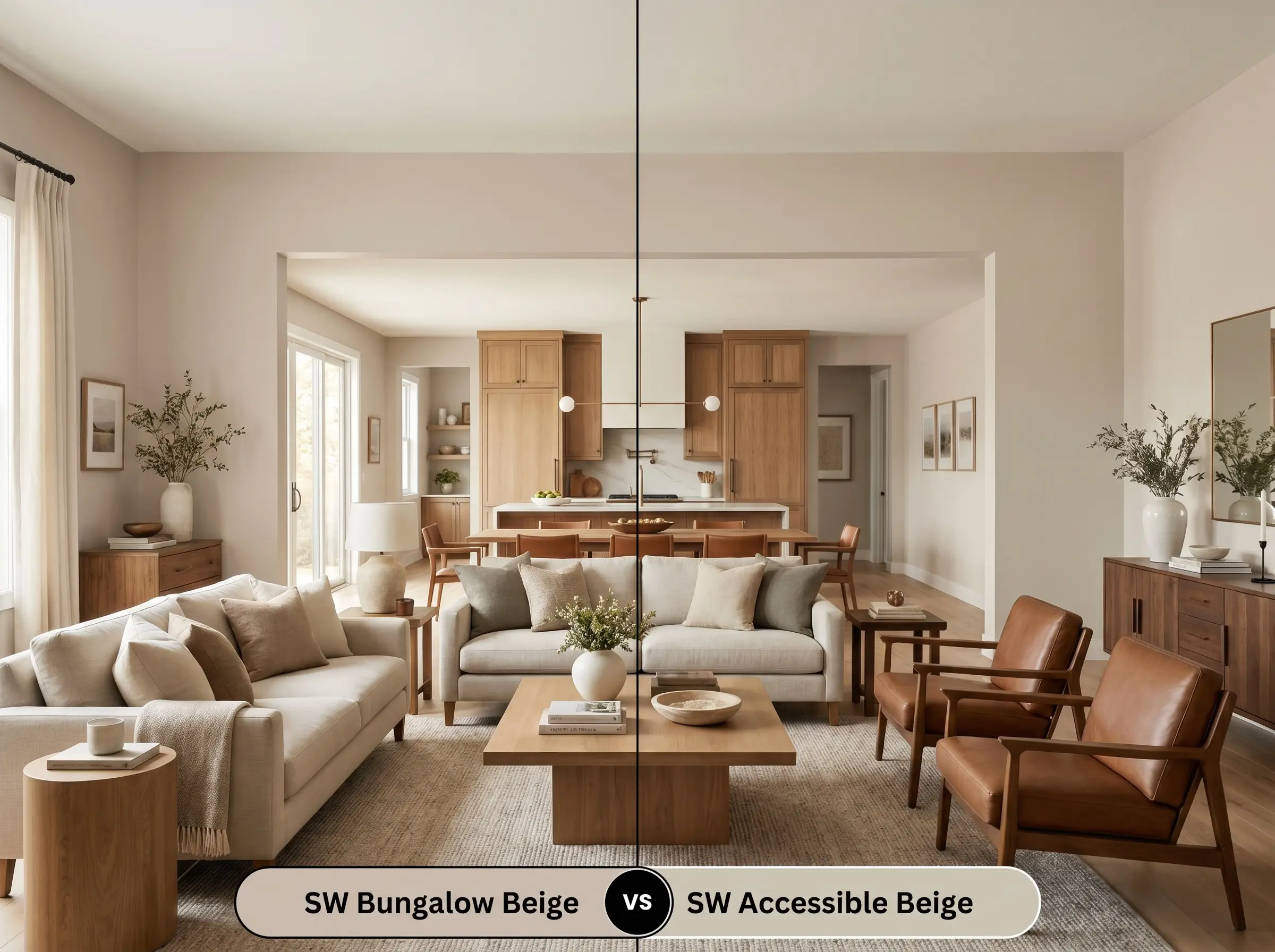 A split-screen comparison of an expansive open-concept floor plan, presenting SW Bungalow Beige (Hex #CDBFB0) on the left against SW Accessible Beige (Hex #D1C7B8) on the right.