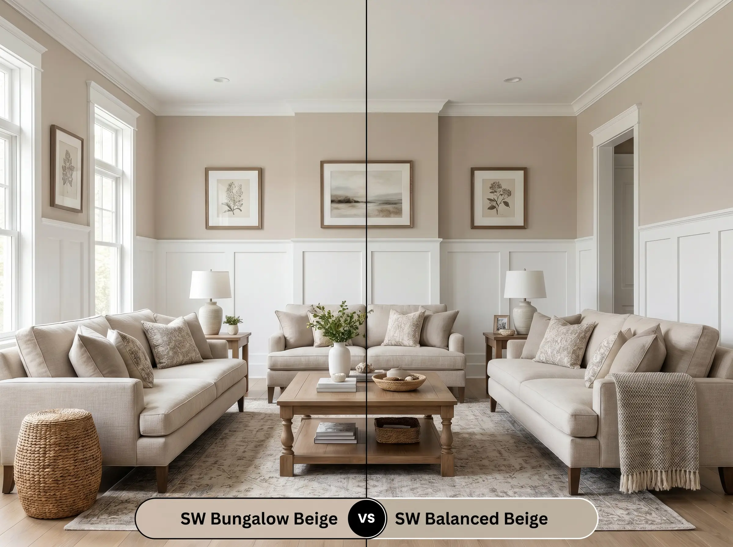 A split-screen comparison of a transitional living room with crisp white wainscoting, featuring SW Bungalow Beige (Hex #CDBFB0) on the left and SW Balanced Beige (Hex #C0B2A2) on the right.