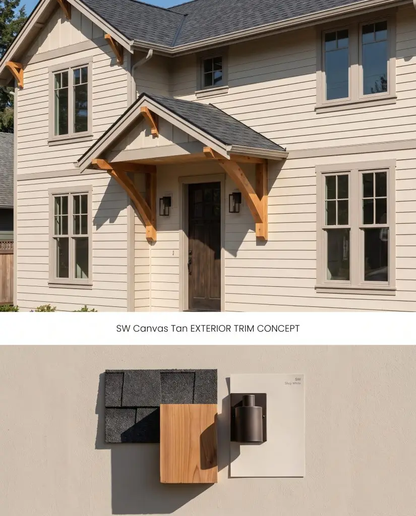 A split digital layout visualizing a beige exterior trim against off-white siding above a flat-lay of charcoal shingles and cedar blocks.