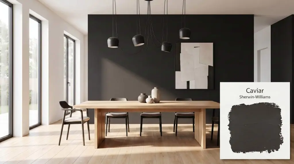 A light oak dining table and matte black fixtures sit before a striking accent wall painted in Sherwin-Williams Caviar (Hex #313031).