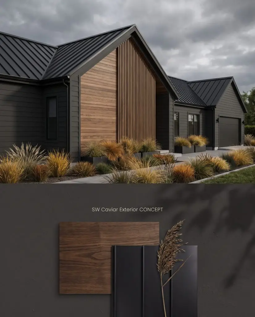 A split visualization board presenting a color-drenched black home exterior on the upper section and tactile ash wood and metal samples on the lower half.